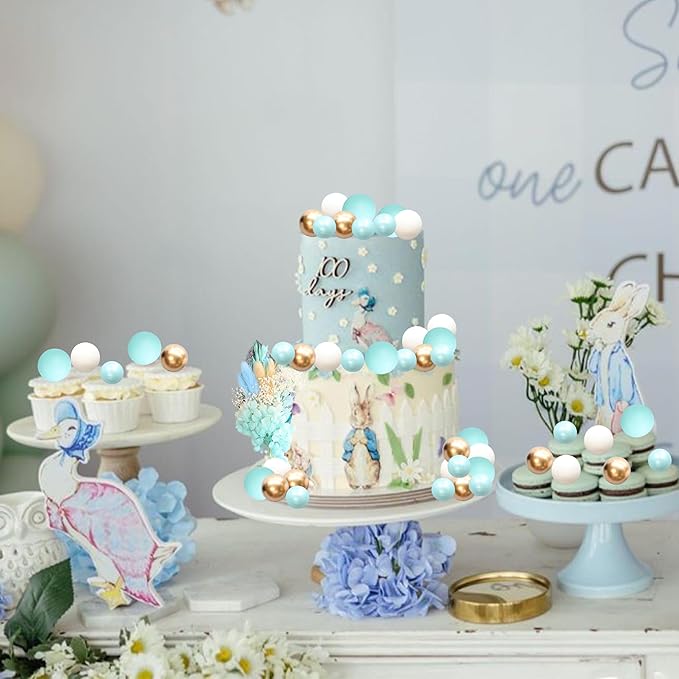 Gyufise 21 Pack Flower Boho Cake Topper Ball Cake Decorations Palm Leaves Plants Cake Decor for Girl Bohemian Princess Theme Wedding Baby Shower Birthday Party Supplies Blue