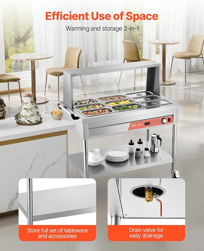 VEVOR 9-Pan Commercial Food Warmer, 9 x 1/3 Pans Electric Steam Table, 1500W Professional Buffet Catering Food Warmer with Shield Undershelf Wheels, Stainless Steel Server for Party Restaurant