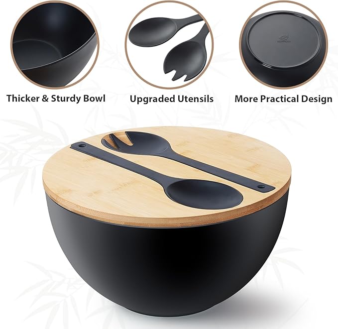 11.3" Extra Large Salad Bowl with Wooden Lid & Servers, 208Oz, Oversized Bamboo Fiber Salad Serving Set with Utensils for Home/Kitchen, Big Lightweight Bowl for Mixing Salad,Fruit,Pasta - Matte Black