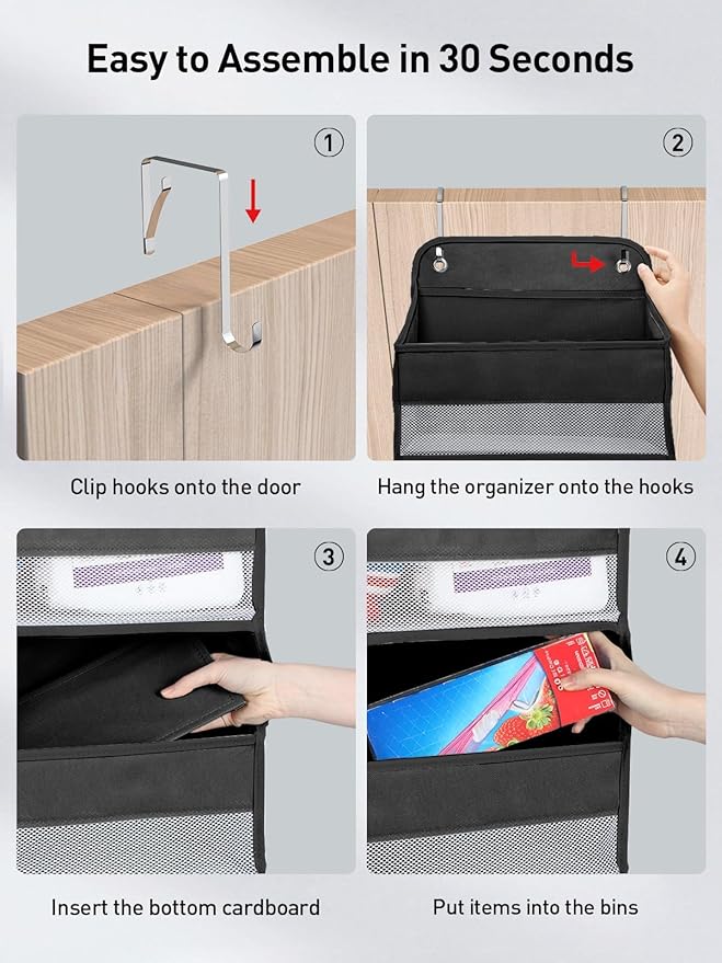 Yecaye 1 Pc Over the Door Organizer with 5 Bins 10 Side Pockets, 44lbs Load Hanging Bathroom and Bedroom Organizer, behind the Door Hanging Organizers for Nursery Newborn Baby Essential Stuff Black