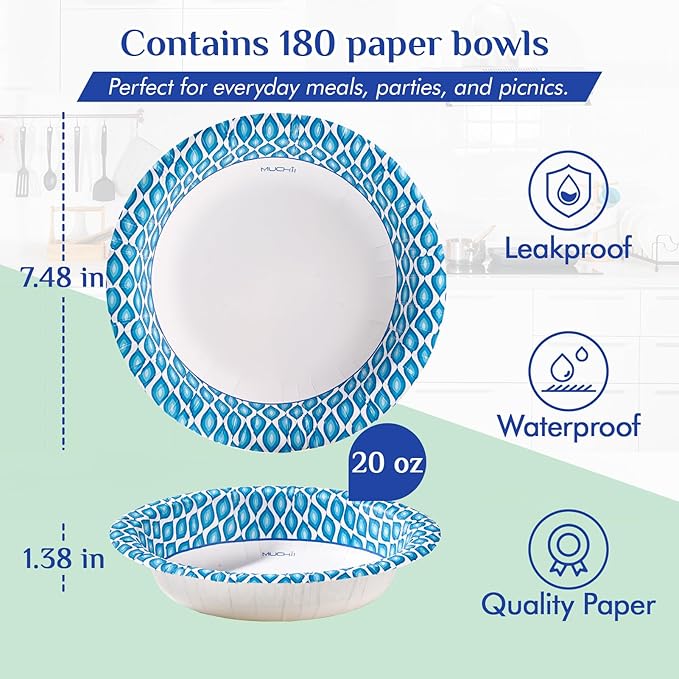 MUCHII 20 Oz Paper Bowls 180 Count Disposable Bowls, Printed Soak Proof Large Bowls for Breakfast, Lunch, and Dinner Meals