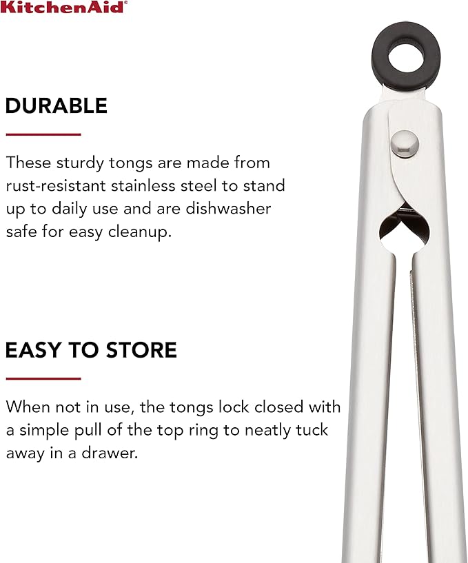 KitchenAid Gourmet Stainless Steel Serving Tongs with Hang Hook and Secure Closing Lock, 9 Inch, Stainless Steel