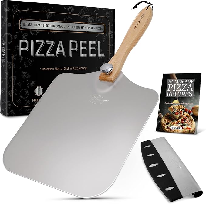 Large Pizza Peel 16 inch - Extra Large Metal Pizza Peel with 14 inch Stainless Steel Pizza Cutter Rocker, Pizza Paddle with Folding Handle (13"x16" with 14" Cutter)