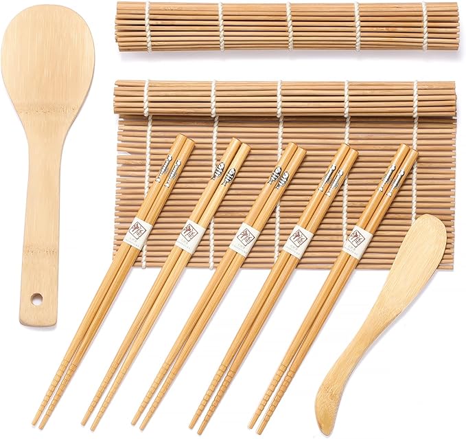 Sushi Making Kit, Delamu Bamboo Sushi Mat, Including 2 Sushi Rolling Mats, 5 Pairs of Chopsticks, 1 Paddle, 1 Spreader, 1 Beginner Guide PDF, Beginner Sushi Kit, Sushi Plates