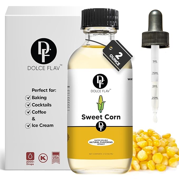 Dolce Flav Natural Sweet Corn Extract – 2 Ounce Water-Soluble Kosher, Sugar-Free, Concentrated Savory-Sweet Flavor for Baking, Cornbread & Ice Cream, Includes Measured Dropper