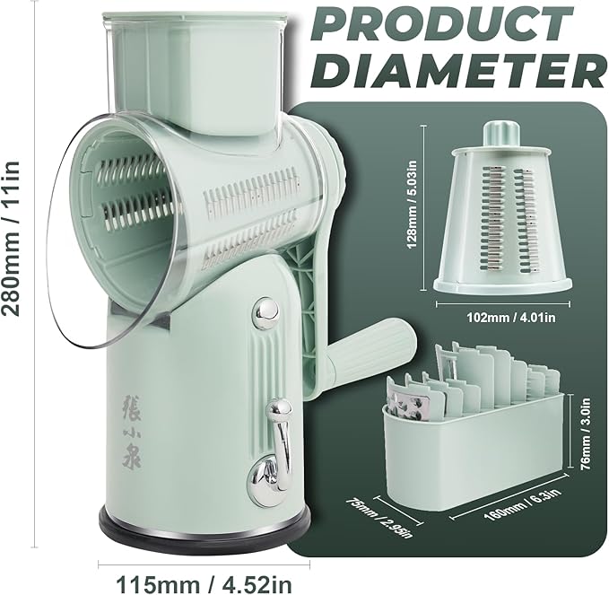 ZHANG XIAO QUAN SINCE 1628 5-in-1 Interchangeable Blades Rotary Cheese Grater Hand Crank, Cheese Shredder Mandoline Vegetable Julienne Slicer Cutter Nut Chopper with Anti-Slip Base, Blade Storage