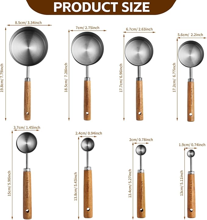 Measuring Cups and Spoons Set，Measuring Cup Set with Wooden Handle and Metric and US Measurements，Silver Polished Finish，for Cooking and Baking in The Kitchen (8 Piece)