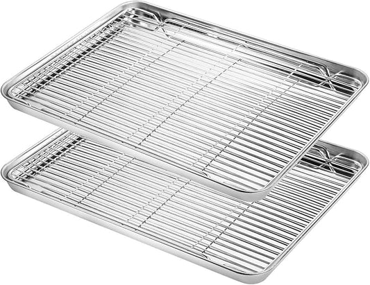 Baking Sheet with Cooling Rack Set (2 Pans + 2 Racks), Yododo Stainless Steel Baking Pan Cookie Sheet Cookie Pan with Rack, Size 16 x 12 x 1 Inch, Mirror Finish & Non Toxic & Heavy Duty & Easy Clean