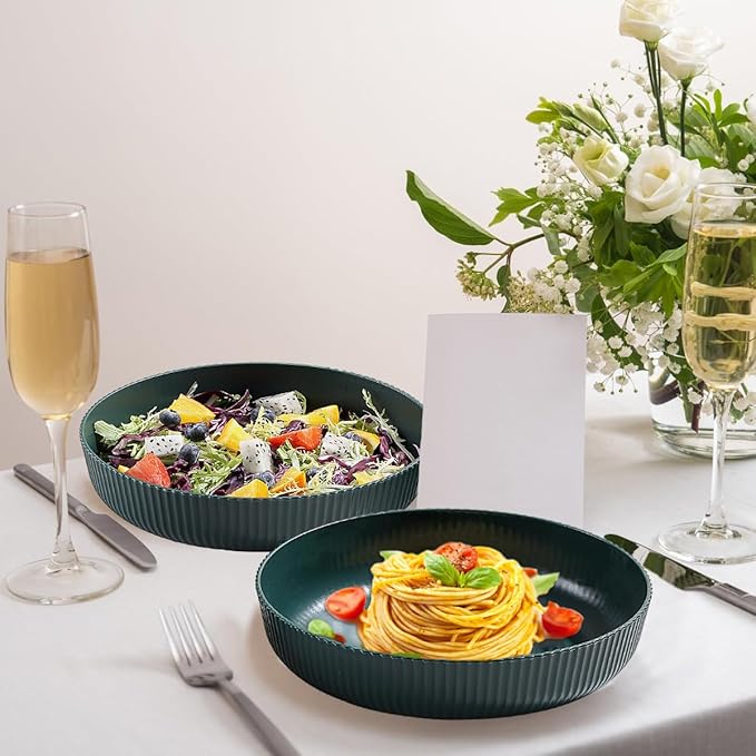 Kyraton Pasta Bowls Set of 4, 37oz Salad Bowls Soup Bowls Large Pasta Serving Bowl Plastic Unbreakable Serving Dishes Dinner Bowls (Dark Green)