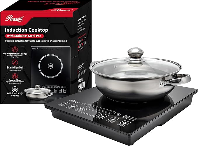 Rosewill Induction Cooker 1800 Watt, 5 Pre-Programmed Induction Cooktop, Electric Burner with Stainless Steel Pot 10" 3.5 QT 18-8, RHAI-15001