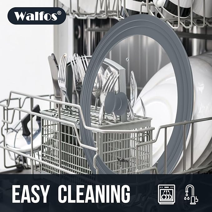 Walfos Universal Lid for 13", 14" and 15" Diameter Cookware - Tempered Glass Pan Lid with Heat Resistant Silicone Rim, BPA Free Pot Lids, Fits Pots, Pans and Skillets, Dishwasher-Safe, Gray
