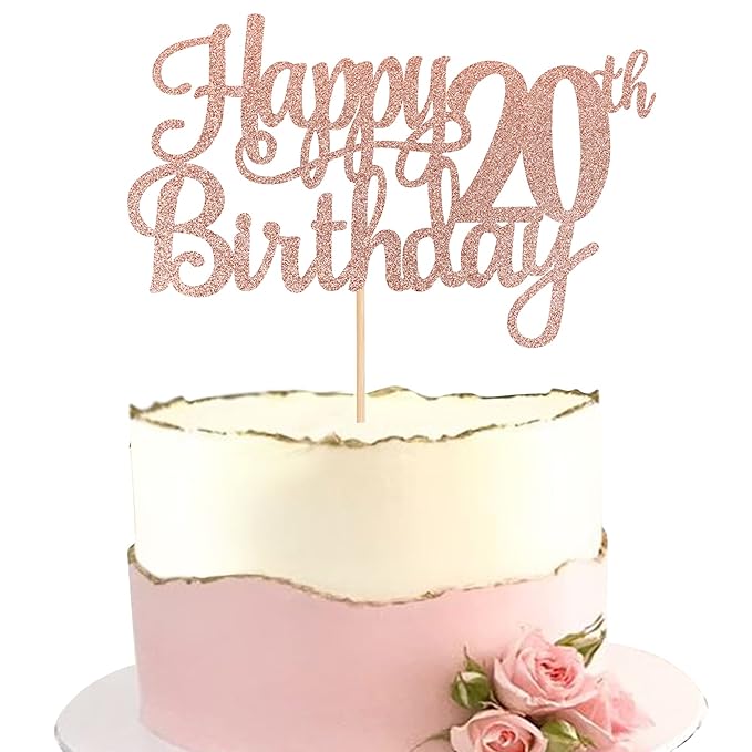 1 PCS Happy 20th Birthday Cake Topper Glitter Cheers to 20 Years Birthday Cake Pick Twenty 20 Fabulous Cake Decoration for Happy 20th Birthday Theme Party Decorations Supplies Rose Gold