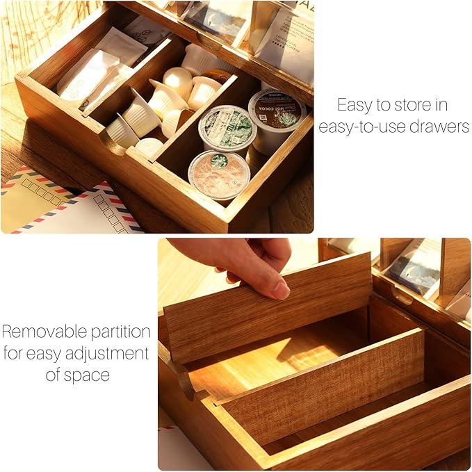 Large Tea Organizer 2 Tier with Drawer by HTB, Tea Bag Organizer with Acrylic Transparent Hinged Lid, 9 Compartments Wooden Tea Bag Holder for Home, Office, Tea Parties