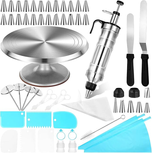 Nuogo 154 Pcs Aluminum Cake Decorating Tools Kit with 12 Inch Aluminum Cake Turntable, Cake Decorating Gun with 6 Heads, 34 Pcs Cake Decorating Set, 11 Cream Spatula Set, 100 Cream Piping Bag