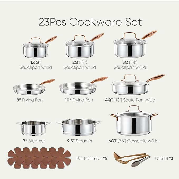 CAROTE 23pcs Tri-Ply Stainless Steel Cookware Set, Pots and Pans Set, Non Stick Induction Kitchen Cooking Sets, Nonstick Cookware Collection, Mirror Polish, Silver
