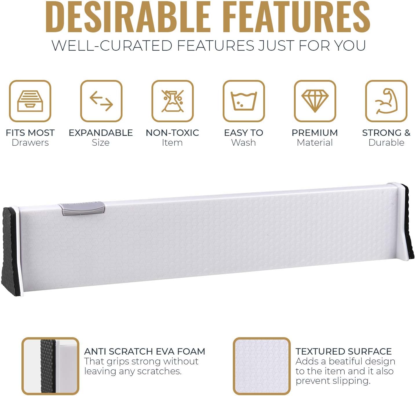 RAPTUROUS Adjustable Drawer Dividers 4 Pack, 2.5" High, 13-22" Long, Dresser Drawer Organizer for Bedroom, Closet, Kitchen, Nursery, Office, Strong Hold, Soft Foam Edges, White