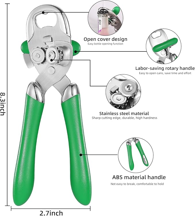 Multi-function Manual Can Opener Bottle Opener, Oversized Hand-held Easy Rotary Knob, Safe Cut Can Opener with Non-Slip Handle, Smoother Cut Sharp Blade for Seniors Kitchen Tool, GREEN