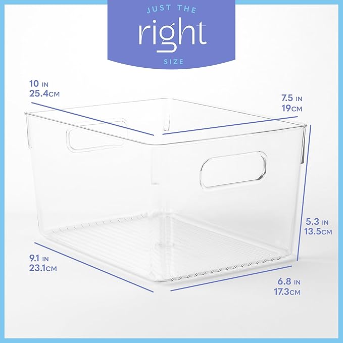 Plastic Food Storage 4 Pack Clear Container Bin with Handles for Organizing Kitchen, Pantry, Refrigerator, Freezer, Pantry, Cabinet, Closet, Bathroom. 10”x7.5”x5.3”