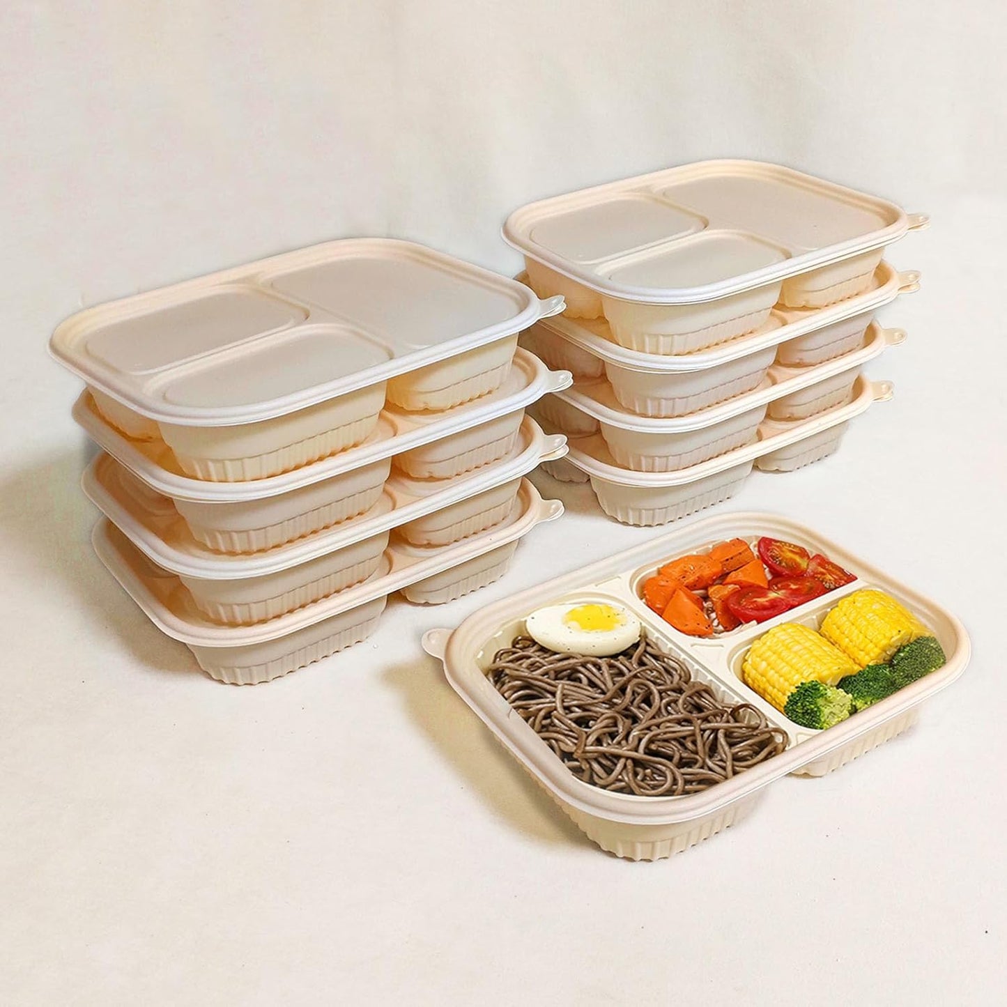 50 Pack of 3-Compartment Disposable Meal Prep Container, 36 Ounce Pre Meal Container, Food Storage Bento Box. Reusable Takeaway Container, Stackable, Microwave Refrigerator Safe.