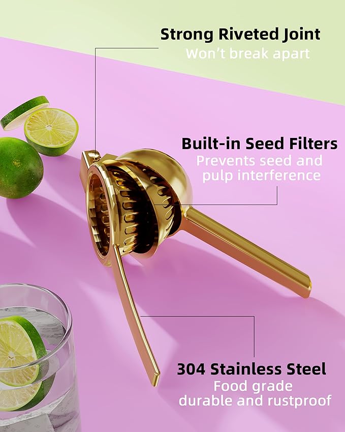Lemon Squeezer Stainless Steel - Heavy Duty Solid Metal Squeezer Bowl - Large Manual Citrus Press Juicer and Lime Squeezer - 2 in 1 hand Juicer - Store Juice -No Splashing-Gold