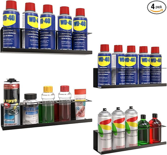 4 Pack Wall-Mounted Spray Bottle Holder, Aerosol Spray Can Holder Storage Rack, Heavy-Duty Paint Bottle Organizer With 20 Holes, Steel Black Spray Rack for Garage, Shop, Home or Tool Trailer