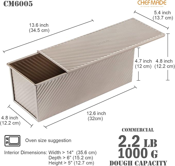 CHEFMADE Loaf Pan with Lid,Commercial Pullman Bread Pan 2.2Lb Dough Capacity,Non-Stick Bakeware Carbon Steel Bread Toast Mold with Cover for Baking Bread (Champagne Gold)