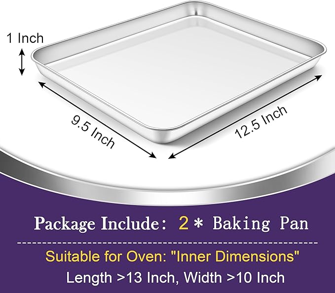 TeamFar Toaster Oven Pan Set of 2, Stainless Steel Toaster Oven Baking Tray Ovenware, 12.5’’x 9.5’’x1’’, Non Toxic & Healthy, Rust Free & Mirror Finish, Easy Clean & Dishwasher Safe