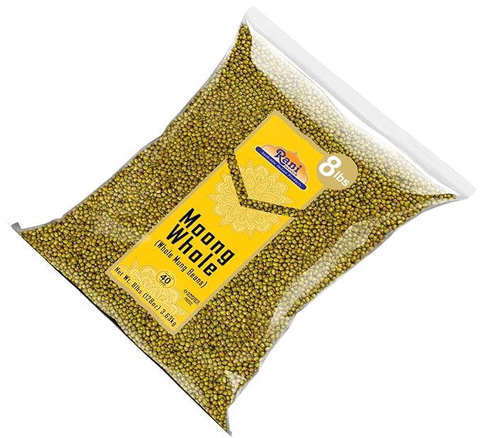 Rani Moong Whole (Ideal for cooking & sprouting, Whole Mung Beans with skin) Lentils Indian 128oz (8lbs) 3.63kg Bulk ~ All Natural | Gluten Friendly | Non-GMO | Kosher | Vegan | Indian Origin