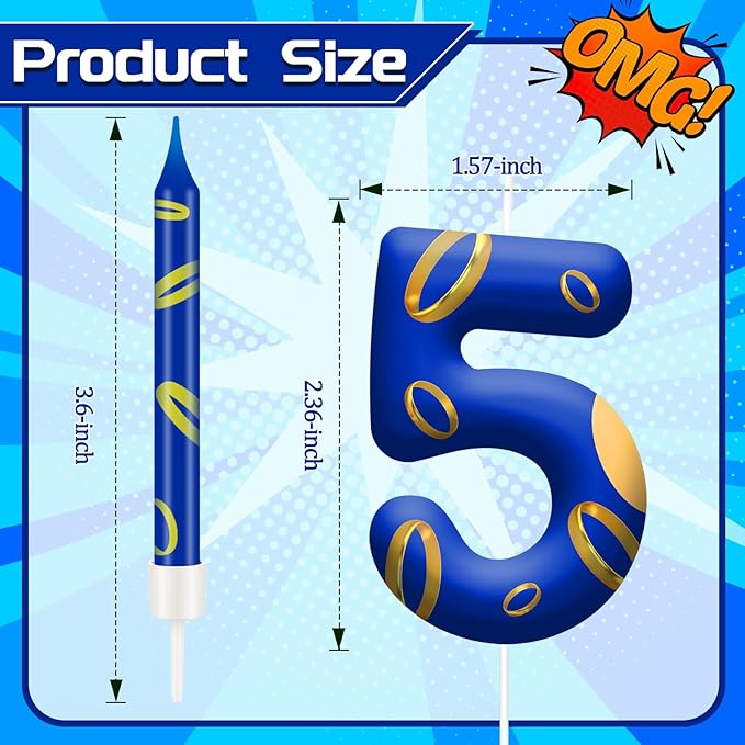 13PCS Birthday Cake Candles Set - Blue and Golden Ring Number Candles with Vibrant Designs for Boys & Girls, Theme Birthday Party Decorations, Cake Toppers for Theme Parties(Number 5)