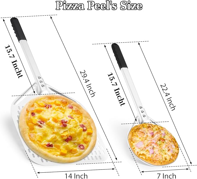14 Inch + 7 Inch Perforated Pizza Peel Set, Pizza Turning Peel with Metal Handle, Pizza Spatula Paddle for Homemade Pizza Oven Accessories