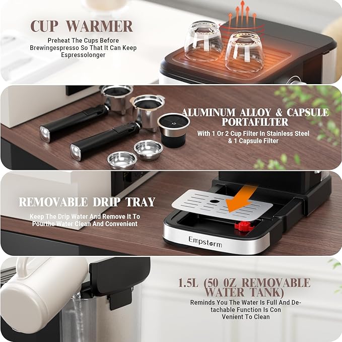 Espresso Machine 20 Bar, 2 in 1 Espresso Maker with Milk Frother Steam Wand for Latte and Cappuccino, Powder and Capsule Portafilter, 50oz Removable Water Tank Coffee Machine for Home-Silver