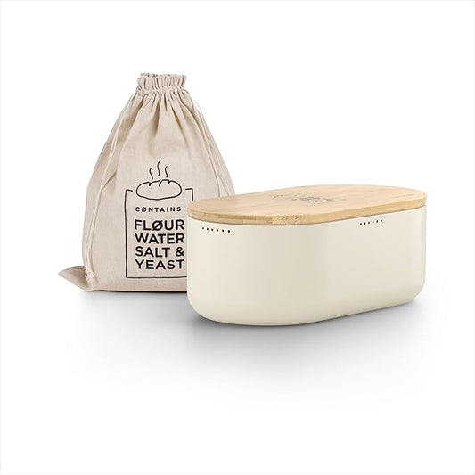 LARS NYSØM Bread Box I Metal Box with linen bag for long lasting freshness I Bread Bin with bamboo lid usable as cutting board I 14.2x7.5x5.1 In (Almond Beige)