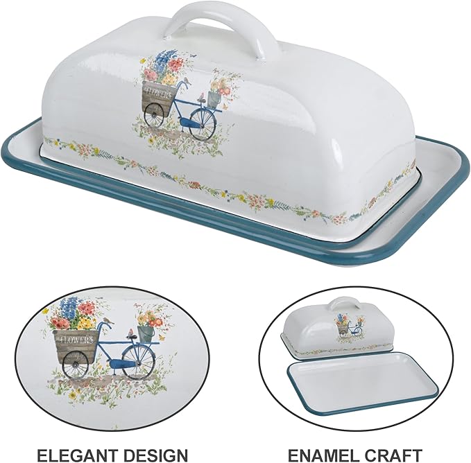 Enamel Butter Dish with Lid Vintage Enamelware Butter Keeper with Flower and Bird Patterns Farmhouse Butter Container Butter holder for Countertop Kitchen Decor Blue