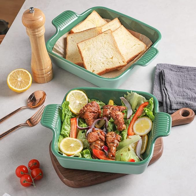 Sweejar Ceramic Baking Dish, 8 x 8 Cake Baking Pan for Brownie, Porcelain Square Bakeware with Double Handle for Casserole, Lasagna, Family Dinner (Light Green)