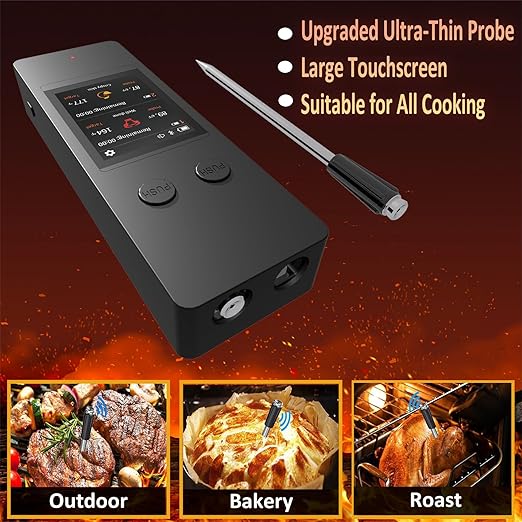 800FT Wireless Meat Thermometer Digital with 2 Upgraded Ultra-Thin Probe, Large Touchscreen, Kitchen Food Thermometer for Cooking Oven, Smoker, Rotisserie, BBQ(No App to Download)
