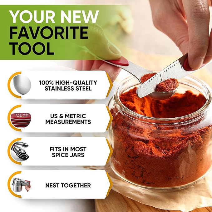 Spring Chef Magnetic Measuring Cups & Spoons Set (Patent Pending), Strong N45 Magnets, Heavy Duty Stainless Steel Fits in Spice Jars for Baking & Cooking, BPA Free, Round Set of 15 with Leveler, Red