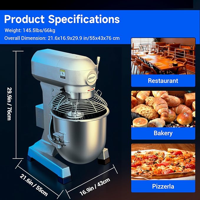 20Qt Commercial Stand Mixer with Timing Function,1100W Commercial Mixer 3-Speed Adjustable,Electric Stand Commercial Dough Mixer with Stainless Steel Bowl for Bakery Pizzeria