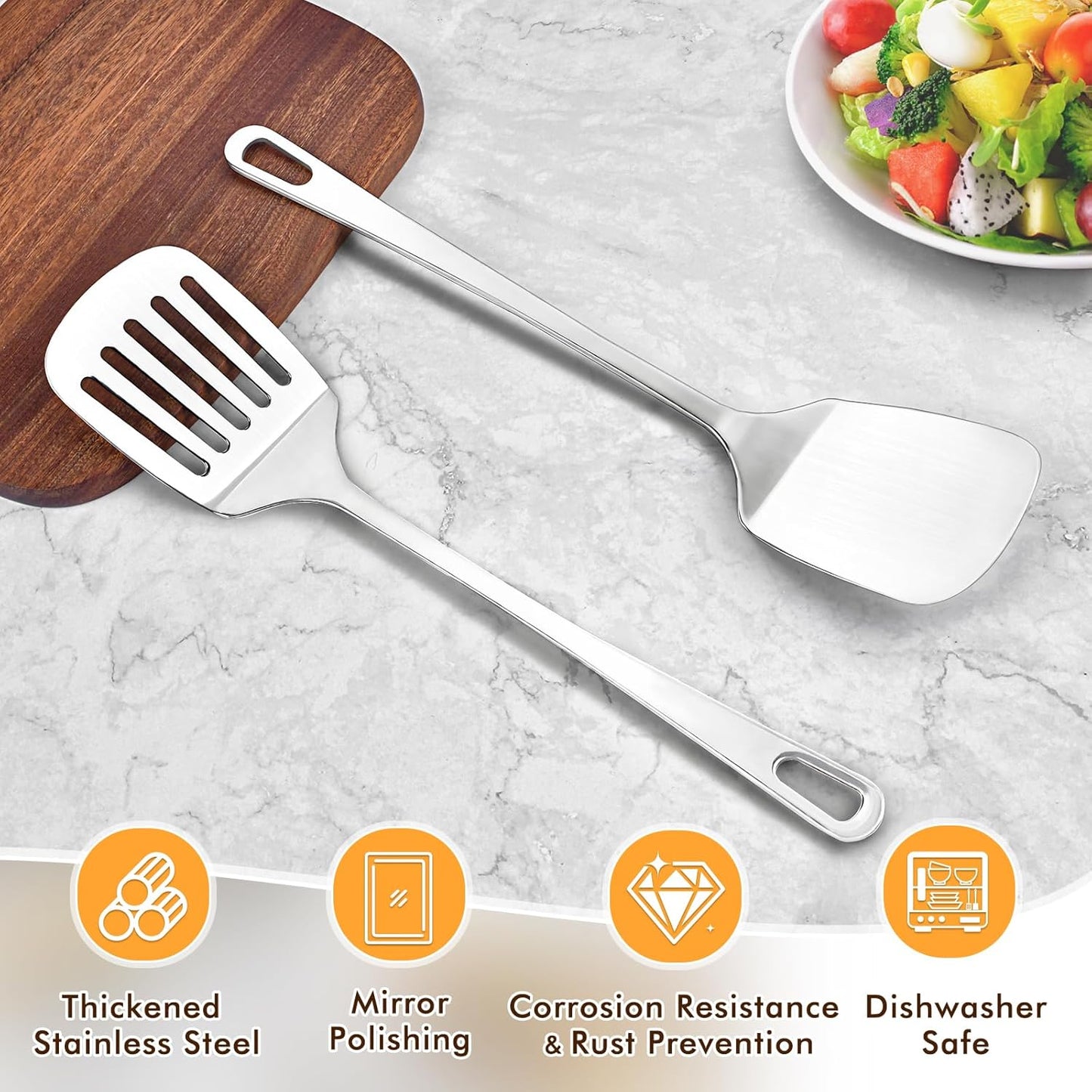 Stainless Steel Spatula, Metal Spatula Solid Turner, Heavy Duty Sturdy Spatulas for Kitchen Use, High Heat Resistant Cooking Utensils for Fish Eggs Pancakes, Dishwasher Safe, Easy to Clean, Silver