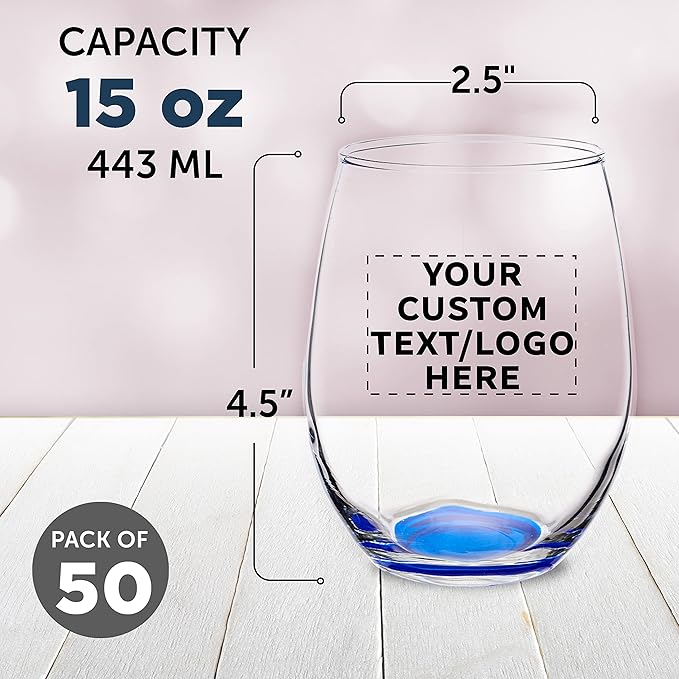 Custom Stemless Wine Glasses in Bulk by ARC Perfection, 15 oz, 50 pack, Personalized Text, Logo, Red or White Wine Glass Set, Blue