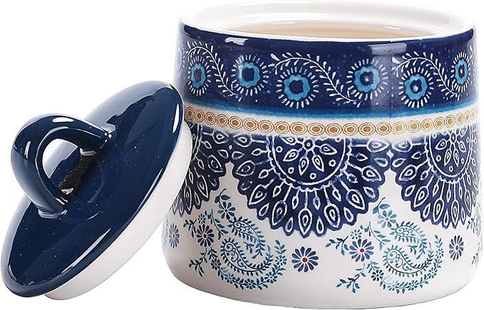 Bico Blue Talavera Ceramic Sugar and Creamer Set, Sugar Bowl with Lid, Cute Container for Coffee Bar, Kitchen Countertop Accessories, Microwave and Dishwasher Safe