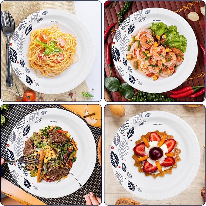 JOLLY CHEF 140 Count Paper Plates 10 inch Soak Proof, Cut Proof, Heavy Duty Leaf Printed Disposable Paper Plates for Everyday Use