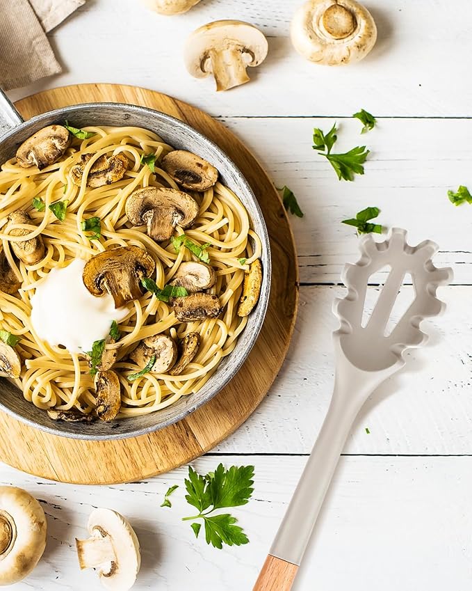 Silicone Pasta Fork, Kitchen Heat Resistant Noodle Spoon Server, BPA Free Spaghetti Strainer,12.8 inch (Khaki)