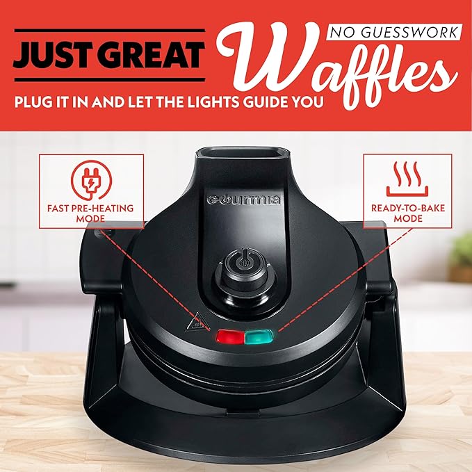Gourmia GWM468 Dual Pour Waffle Maker with Easy Pour Spout + Horizontal Pour, Angled Cooking, 5 Shade Settings, and Indicator Lights - Recipe Book Included