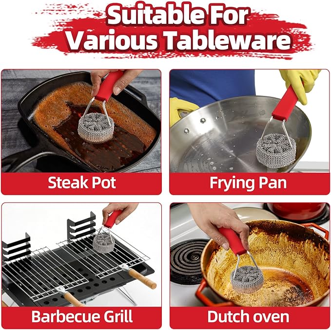 Cast Iron Chainmail Scrubber with Handle - Cleaner for Pans and Pots - Premium Stainless Steel/Silicone Scraper for Skillets - Ergonomic Food-Safe Design - Easy to Clean Cookware Dish Brush