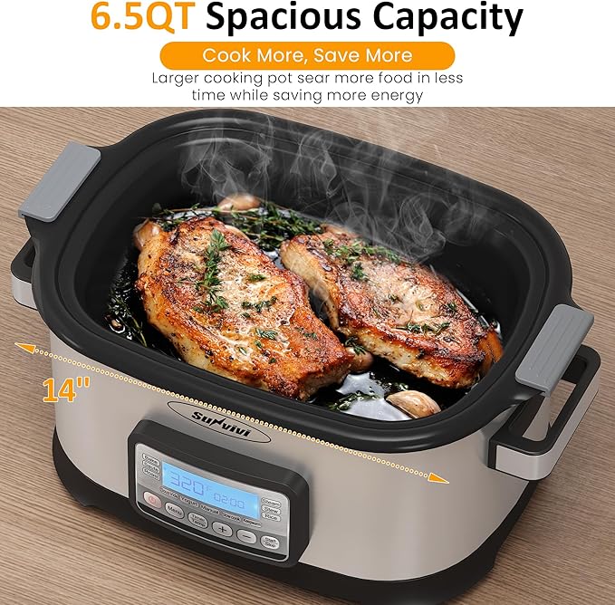 Sunvivi 6.5 Quart Slow Cooker Roaster Oven：11 in 1 programmable Multi-Cooker Food Warmer with Digital Timer, Temp Control, Removable Nonstick Cast Aluminum Pot & Dishwasher-Safe Tempered Glass Lid