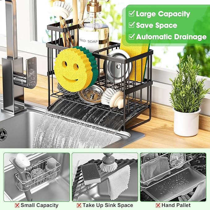 Sponge Holder for Kitchen Sink, 2 Tier Smiley Face Sink Caddy Organizer with High Brush Holder, Self-Draining Sponge Holder for Sinks, Soap Dispenser Organizer, Rustproof 304 Stainless Steel