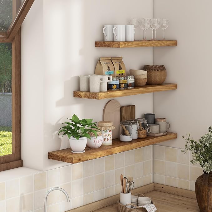 Axeman Floating Shelves for Wall - 32''W x 8'' D Rustic Solid Elm Wood Shelves for Storage, Wall Mounted Display Shelving with Invisible Heavy-Duty Metal Bracket (Natural, 2PCs)