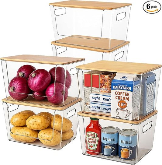 6 Pack Clear Stackable Storage Bins with Bamboo Lids, Plastic Storage Containers with Handle for Pantry, Bathroom, Kitchen, Closet, Cabinet, Fridge Organizer and Storage