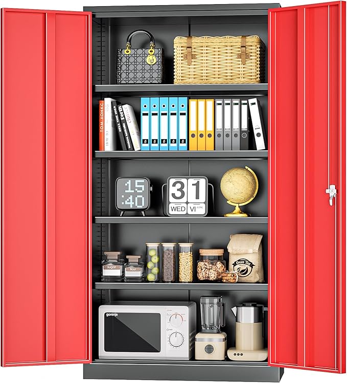 INTERGREAT Metal Storage Cabinets 72” Black Red Garage Steel Storage Cabinet with Doors and Shelves, Steel File Cabinet for Home Office, Basement, Warehouse, Classroom（Anti Tipping）