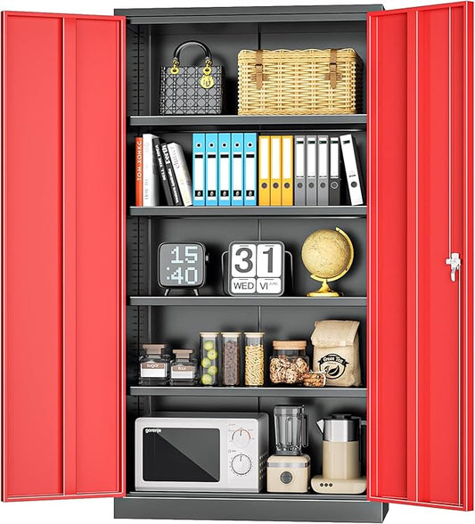INTERGREAT Metal Storage Cabinets 72” Black Red Garage Steel Storage Cabinet with Doors and Shelves, Steel File Cabinet for Home Office, Basement, Warehouse, Classroom（Anti Tipping）